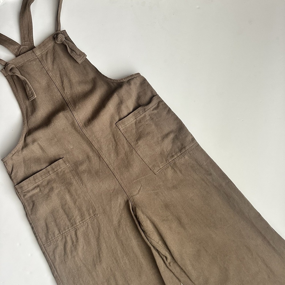 Miou Muse Josie Washed Cotton Linen Overalls Size S Brown Wide Leg Tie Strap